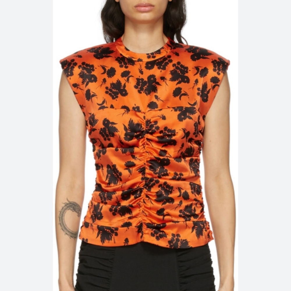 GANNI Orange and Black Silk Stretch Satin Top